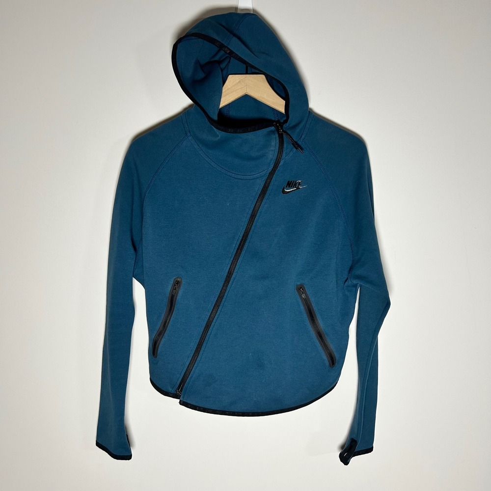 Nike Tech Fleece Butterfly Jacket Women Small Blue Asymmetrical Zip 617358-483